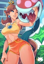 1girls 1other ass blue_eyes brown_hair clothed clothing female female_focus full_body fully_clothed human josephwolf light-skinned_female mario_(series) nintendo panties piranha_plant princess_daisy pussy_visible_through_clothes short_hair standing thick_thighs thighs