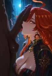 1boy 1girls ai_generated big_breasts dark-skinned_male female female_focus genshin_impact hips huge_breasts huge_cock jewelry large_breasts licking_penis light-skinned_female looking_at_viewer mature_female mavuika_(genshin_impact) milf orange_hair wide_hips