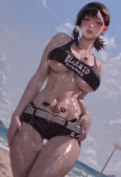 ai_generated anime beach big_ass big_breasts black_hair blacked blacked_clothing blush chainsaw_man hugoroman kobeni_higashiyama musk oiled oiled_skin sweat wet