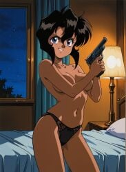 ai_generated bed bedroom black_hair black_panties gun gunsmith_cats indoors lamp lampshade night nighttime panties panties_only pistol rally_vincent tagme tan_skin