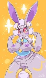 1girls big_breasts blush breasts clothing female female_only inverted_nipples limepop magearna nintendo nipples nude open_mouth pink_eyes pokemon pokemon_sm pussy red_sclera simple_background solo text video_games