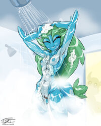 abs blue_scales breasts closed_eyes fangs female green_hair hair hardtones hi_res liska nipples nude pussy scales scalie scalie_schoolie shampoo shower smile solo steam toned water wet