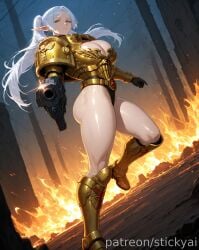 adepta_sororitas ai_generated elf elf_ears fat_ass frieren frieren_beyond_journey's_end grey_hair gun power_armor sister_of_battle warhammer_(franchise) warhammer_40k