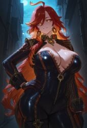 1girls ai_generated big_breasts female female_focus genshin_impact hips huge_breasts jewelry large_breasts light-skinned_female looking_at_viewer mature_female mavuika_(genshin_impact) milf orange_hair wide_hips