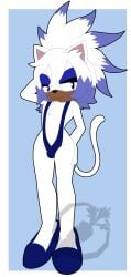 1boy ahju bikini_bulge blue_eyes blue_makeup blue_nails cat_ears cat_tail catboy curvy_figure feline femboy oc sling_bikini solo solo_male sonic_(series) sonic_oc the_carrot_farm white_fur