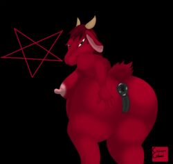 anus bent_over bephomet breasts caprine crimsoncolored demon female goat hi_res looking_at_viewer mammal nipples obese overweight pentagram presenting pussy satan slightly_chubby solo