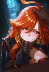 1boy 1girls ai_generated big_breasts dark-skinned_male fellatio female female_focus genshin_impact hips huge_breasts huge_cock jewelry large_breasts light-skinned_female looking_at_viewer mature_female mavuika_(genshin_impact) milf orange_hair wide_hips