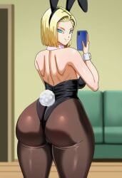 1woman ai_generated android_18 android_18_(pinkpawg) ass_focus big_ass blonde_hair bunnysuit dragon_ball female looking_at_viewer looking_over_shoulder milf phone picture pinkpawg short_hair smile thick_thighs