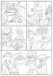 balls bottomless brainsister canine clothed clothing comic dialogue disney english_text eyewear female glasses goof_troop greyscale group hi_res humanoid_penis male mammal max_goof monochrome monocjrome pain pants_down partially_clothed pencil_(artwork) penis school sitting text traditional_media_(artwork) uhoh uncut uniform worried