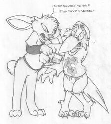 absurd_res annoyed anthro arm_grab avian barefoot bird blood bottomless buckteeth clothed clothing crane death dialogue digitigrade duo english_text greyscale gun headgear hi_res killing lagomorph male male_only mammal maxy mizzyam monochrome pain pencil_(artwork) rabbit ranged_weapon restrained shirt standing teeth text traditional_media_(artwork) weapon young