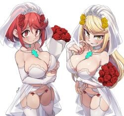 2girls blonde_hair blush bouquet bridal_gauntlets bridal_lingerie bridal_veil bride chocker earrings gm_laz large_breasts lingerie looking_at_viewer mythra pyra red_eyes red_hair ring rose simple_background wedding_dress xenoblade_(series) xenoblade_chronicles_2 yellow_eyes