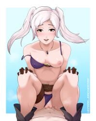 1boy 1girls bikini brown_eyes censored cowgirl_position fire_emblem fire_emblem_awakening fire_emblem_heroes grey_hair male_pov medium_breasts nintendo nipples one_breast_out one_breast_out_of_clothes pov purple_bikini purple_swimsuit ricken_(fire_emblem) robin_(female)_(summer)_(fire_emblem) robin_(fire_emblem) robin_(fire_emblem)_(female) squatting_cowgirl_position strad_orchestra swimsuit twintails vaginal_penetration