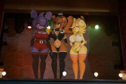 3girls blue_fur bonfie bonnie_(fnaf) brown_fur bunny_ears cally3d chica_(fnaf) chiku coolestanon cringe curvy_figure edit fazclaire's_nightclub female_only five_nights_at_freddy's five_nights_at_freddy's_(film) freddy_(fnaf) fredina's_nightclub fredina_(cally3d) frenni_fazclaire huge_ass huge_breasts panties peak revealing_clothes suggestive thighhighs yellow_fur