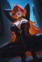 1girls ai_generated big_breasts female female_focus genshin_impact hips huge_breasts jewelry large_breasts light-skinned_female looking_at_viewer mature_female mavuika_(genshin_impact) milf orange_hair squatting thick_thighs thighs wide_hips