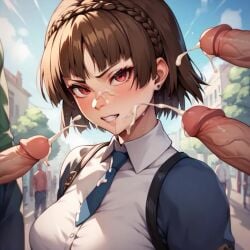 ai_generated brown_hair bukkake cum cum_on_face ejaculation female makoto_niijima multiple_boys multiple_penises persona_5 public_indecency schoolgirl