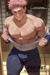 abdomen abs ai_generated bara bara_boy bara_tiddies bara_tits barazoku biceps big_ass big_biceps big_breasts big_butt big_muscles big_nipples big_pecs big_pectorals big_thighs big_tits black_clothing blushing breath brown_eyes bulge bulge_through_clothing cheek_markings chest clothed dojo eyebrows face_markings gay gay_male haruartx himbo hips horny_face human hunk itadori_yuuji japanese_bu japanese_building jeans jock jujutsu_kaisen looking_at_viewer male male_focus moobs mouth_closed muscle muscle_slut muscular muscular_armas muscular_bottom muscular_male muscular_pecs muscular_pectorals muscular_shoulders muscular_slut muscular_thighs musk musk_clouds musky musky_armpit musky_cock open_clothes pink_hair removing_clothing sexy_body shoji smell smelly_armpits smooth_body smooth_chest smooth_skin smooth_skinned_male speech_bubble suit talking_to_viewer teenager text_bubble undercut undressing undressing_self whore_eyes