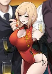 alcohol arched_back big_breasts blonde_hair chinese_dress green_eyes k0ng merc-san_(k0ng)