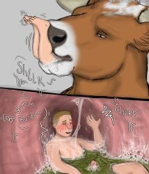 2024 absurd_res anthro anthro_pred between_lips blush blush_lines bodily_fluids body_in_mouth bovid bovine cattle comic digital_media_(artwork) duo english_text european_mythology feet fully_inside genitals glans greek_mythology head_first hgythshs hi_res horn human human_on_anthro human_prey humanoid_genitalia humanoid_penis inside_stomach internal interspecies larger_anthro larger_male looking_pleasured lying male male/male mammal minotaur motion_lines mythology nude nude_human on_front onomatopoeia oral_vore panel_skew partially_inside penis reclining saliva simple_background size_difference slurping smaller_human smaller_male sound_effects stomach_acid sucking swallowing text vore willing_pred willing_prey