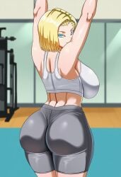 ai_generated android_18 android_18_(pinkpawg) big_ass blonde_hair dragon_ball gym gym_shorts looking_at_viewer pinkpawg shorts smile stretching thick_thighs