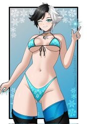 1girls ass_visible_through_thighs bikini black_hair blue_eyes breasts daikiri_di_mon heterochromia luna_snow luna_snow_(marvel_rivals) marvel marvel_rivals multicolored_hair patreon_username short_hair smiling smiling_at_viewer snowflake thighhighs thong white_hair wink winking_at_viewer