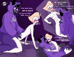 anal blonde_hair blush cuddling demon demondraws drooling gay gay_sex glowing_eyes handholding hazbin_hotel hoodie i_love_you intimate kaze_(demondraws) kissing love lucifer_morningstar_(hazbin_hotel) moaning oc ocxcanon oral original_character penis purple_skin sex vivienne_medrano vivziepop