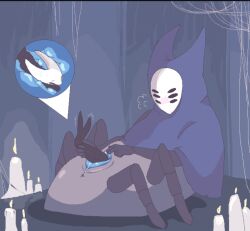 2d 2d_(artwork) 2girls anthro blue_genitals blush breath breath_cloud candle herrah holding_legs hollow_knight hornet_(hollow_knight) lit_candle princesshornet_(artist) pussy spider_web team_cherry unbirthing video_game_character video_games vore webs