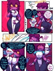 2d 2d_(artwork) absurdres age_difference anthro anthro_female apron blue_hair blush blushing boobs breast_press breasts cat_ears cat_girl cat_tail comic comic_page corruption defeat defeated defeated_heroine deltarune deltarune_chapter_2 digital_drawing_(artwork) digital_media_(artwork) dominant dominant_female domination electricity elegant english_text eyelashes eyes_closed eyes_half_closed eyes_half_open female_anthro female_only femdom feminine femsub finger_in_mouth furry grin grining knocked_out large_breasts laugh laughing long_hair monster monster_girl multiple_girls omegaluxifer outfit outfit_change personality_change petite pubic_hair red_hair resisting scared scared_expression scared_face scared_female sharp_teeth smile smiling spiky_hair squirming submission submissive submissive_female submitting susie_(deltarune) symmetrical_docking tasque_manager tasque_manager_(cosplay) tasque_manager_(deltarune) text text_bubble thighs tongue_out trembling whip yellow_eyes