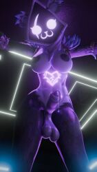 3d_model absurd_res anthro bear bodily_fluids breasts epic_games fortnite fortnite:_battle_royale fur genital_fluids genitals glowing glowing_eyes gynomorph hi_res hood intersex leaning leaning_on_wall looking_at_viewer mammal penis precum purple_body purple_eyes purple_fur raven_team_leader solo wasplit wet wet_body wet_penis