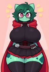 absurd_res ai_generated anthro big_breasts breasts bulbasaur clothed clothing cosplay eyewear female freckles generation_1_pokemon glasses green_body green_hair hair hellsonger hi_res legwear looking_at_viewer mammal red_eyes ruby_rose_(cosplay) simple_background smile solo thick_thighs thigh_highs wide_hips