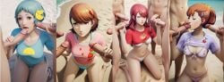 3d ai_generated beach bikini fruit fuuka_yamagishi gangbang hair handjob happy kissing_penis kneeling kotone_shiomi mitsuru_kirijo navel ornament penis penises persona persona_3 surrounded_by_penises tshirt with yamagishi_fuuka yukari_takeba