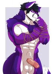 1boy abs anthro balls biceps black_hair black_nose blue_eyes canine chest_tuft claws erection fox fur hair hi_res humanoid_penis hybrid looking_at_viewer male male_only mammal muscular navel nude pecs penis purple_fur purple_hair shyloc simple_background sollyz solo standing string tuft vein veiny_penis white_fur wolf