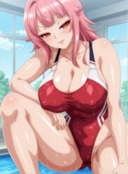 ai_generated anime_girl anime_style bent_leg big_breasts blush busty cameltoe cleavage curvy eyeliner facing_viewer female female_only hi_res highres knee_up makeup one-piece_swimsuit original pink_hair pose seraphim_ai smile solo stable_diffusion swimsuit wet wet_skin