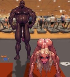 2boys ai_generated big_balls big_dom_small_sub big_muscles big_penis big_thighs black_body blonde_hair dark-skinned_male dark_penis dark_skin femboy femboy_focus femboy_on_male femboysub fit fitness_center flat_chest flat_chested gay gym gym_bottomwear gym_clothes gym_clothing gym_leader gym_shorts gym_uniform gymnastics huge_balls huge_cock huge_cock huge_testicles huge_thighs interracial multiple_boys shorts small_penis stretch stretched