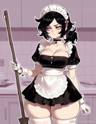 ai_generated apron ashley_graves balecxi black_choker black_dress black_hair broom cleavage female holding holding_broom kitchen large_breasts maid maid_headdress pink_eyes pout puffy_short_sleeves puffy_sleeves short_sleeves skindentation solo the_coffin_of_andy_and_leyley thick_thighs white_gloves white_thighhighs