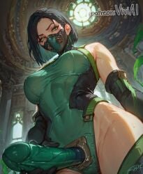 ai_generated big_breasts black_hair clothed dildo face_mask facemask femdom from_below green_eyes green_penis mask medium_hair sex_toy short_hair strap-on suit sweat tagme valorant viewed_from_below viper_(valorant) viviai