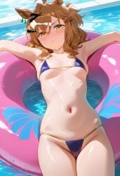 ai_generated animal_ears bob_cut breasts brown_hair female hair_accessory horse_girl jungle_pocket(umamusume) looking_at_viewer pool small_bikini swim_ring two_tone_hair umamusume umamusume_pretty_derby yellow_eyes