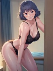 1girls ai_generated ass bending_forward big_ass big_breasts black_bra black_panties black_underwear blue_eyes blue_hair breasts cleavage da-hee_(sister_neighbors) grin huge_ass huge_breasts isogil looking_at_viewer manhwa pornhwa seductive seductive_eyes seductive_look seductive_smile sexy_pose short_hair sister_neighbors smile smirk thighs webtoon