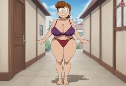 1girls ai_generated ass big_ass big_breasts breasts brown_hair civitai curves day doraemon front_view hips huge_ass huge_breasts looking_at_viewer mrs_honewaka purple_bra red_panties smile solo standing