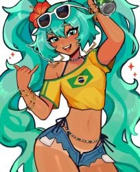 1girls 2025 blue_eyes blue_hair bracelet brazilian brazilian_female brazilian_flag brazilian_miku cyan_hair daisy_dukes denim_shorts earrings female female_only fizzeru flower_in_hair glasses glasses_on_head guarana_antarctica hatsune_miku instagram_link latin_american_hatsune_miku_(meme) long_hair looking_at_viewer micro_shorts microshorts minishorts nail_polish neckwear open_mouth shorts solo tan_body tanline tanned tanned_female tanned_girl tanned_skin turquoise_eyes turquoise_hair twintails upper_teeth upper_teeth_only very_long_hair vocaloid white_background yellow_clothing yellow_nails yellow_shirt