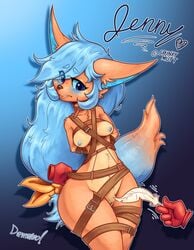 anthro blue_eyes blue_hair blush bondage bondage bound breasts canine dawmino duo feathers female fox fur hair hi_res long_hair mammal nipples nude orange_fur pussy solo_focus teeth thick_thighs tickling wide_hips