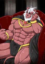 abs biceps big_muscles brown_nose bulge cape claws clothed clothing colored erection feline fur hair lion male male_only mammal muscular nipple_piercing nipples pecs penis piercing red_eyes ryuukikeito sitting solo teeth tenting topless underwear white_hair