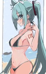 beach bikini blue_eyes blue_hair blush breasts cat_ears eye_contact hair_ornament hatsune_miku long_hair looking_at_viewer pov shaded side_profile side_view sideboob small_breasts smirk smirking string_bikini string_panties swimwear tattoo thighs vocaloid waist yatsuwo_emiya