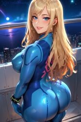 1girl ai_generated ass ass_focus big_breasts blonde_hair blue_eyes busty crystal_(crystal_m) crystal_m curvy curvy_female female female_only from_behind hoop_earrings huge_ass long_hair looking_at_viewer original original_character rear_focus samus_aran_(cosplay) seductive seductive_look shiny_skin smiling smiling_at_viewer solo_female solo_focus thick_legs thick_thighs tight_clothing touching_leg voluptuous voluptuous_female wide_hips zero_suit zero_suit_samus_(cosplay)