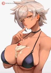 1girls 2025 amber_eyes araneesama big_breasts bikini black_bikini black_bra blazblue bra bullet_(blazblue) cake cake_on_breasts cake_slice chantilly deviantart deviantart_link female female_only finger_in_mouth food food_on_breasts huge_breasts looking_at_viewer o-ring_bikini patreon patreon_logo patreon_username scar scar_on_face scar_on_nose short_hair solo strawberry tan-skinned_female tan_body tan_skin tanned tanned_female tanned_skin white_hair