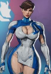 ai_generated bodysuit brown_hair cleavage genderswap_(mtf) hero heroine keyhole marvel marvel_comics marvel_rivals mr_fantastic mr_fantastic_(marvel_rivals) reed_richards rule_63 sexy sexy_body short_hair superhero superheroine tight_bodysuit tight_clothing undercut