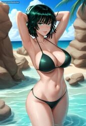 ai_generated armpits arms_behind_head arms_up bangs beach bikini black_hair blue_sky breasts cleavage cloud collarbone cowboy_shot dandanhub day female fubuki_(one-punch_man) fubuki_\(one-punch_man\) green_bikini green_eyes green_hair large_breasts lips looking_at_viewer navel ocean one-punch_man outdoors parted_lips rock short_hair sky smile solo standing stomach swimsuit thighs wading water wet