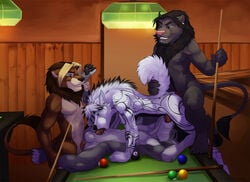 69 anal anal_sex anthro balls canine chibi-marrow detailed_background erection feline foot_grab foursome group group_sex lion lying male mammal on_back oral penetration pool_table sex spreading tongue tongue_out wolf yaoi