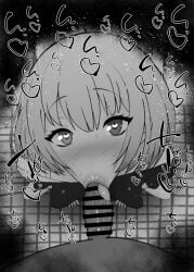 1boy 1girls :>= bang_dream! bare_shoulders big_penis black_and_white blush censored dark-skinned_male dark_skin detailed_background dress drooling eyelashes fellatio female female_focus heart heart-shaped_pupils human indoor inside interracial kaname_rana kurotama looking_at_viewer male male_pov oral oral_sex room saliva shiny shiny_skin short_hair sketch small_breasts sound_effects squatting sweat text tongue_out vein veins veiny veiny_penis