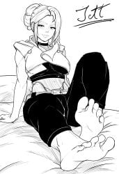 blush blush boceto combat_suit feet feet_first jett_(valorant) sexy sketch soles toes valorant white_background white_hair