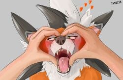 absurd_res after_oral after_sex blush bodily_fluids canid canine cum cum_in_mouth cum_inside cum_on_face duo dusk_lycanroc feral first_person_view generation_7_pokemon genital_fluids gesture heart_eyes heart_gesture heart_symbol hi_res human looking_at_viewer lycanroc male male/male mammal nintendo open_mouth pokemon pokemon_(species) pov_hands tarkish teeth